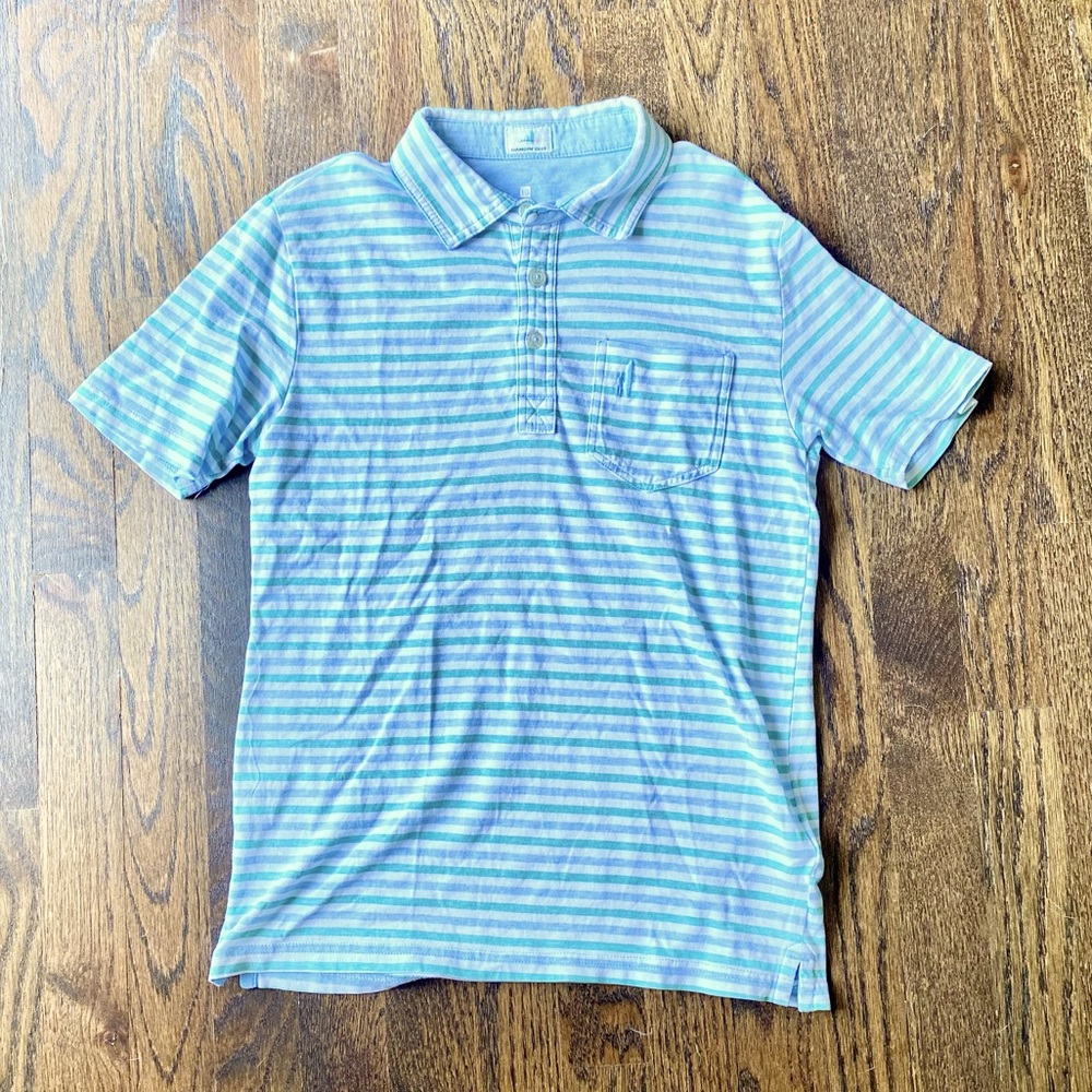 Johnnie-O boy’s classic 4 button polo in green, blue & white stripe - size 10